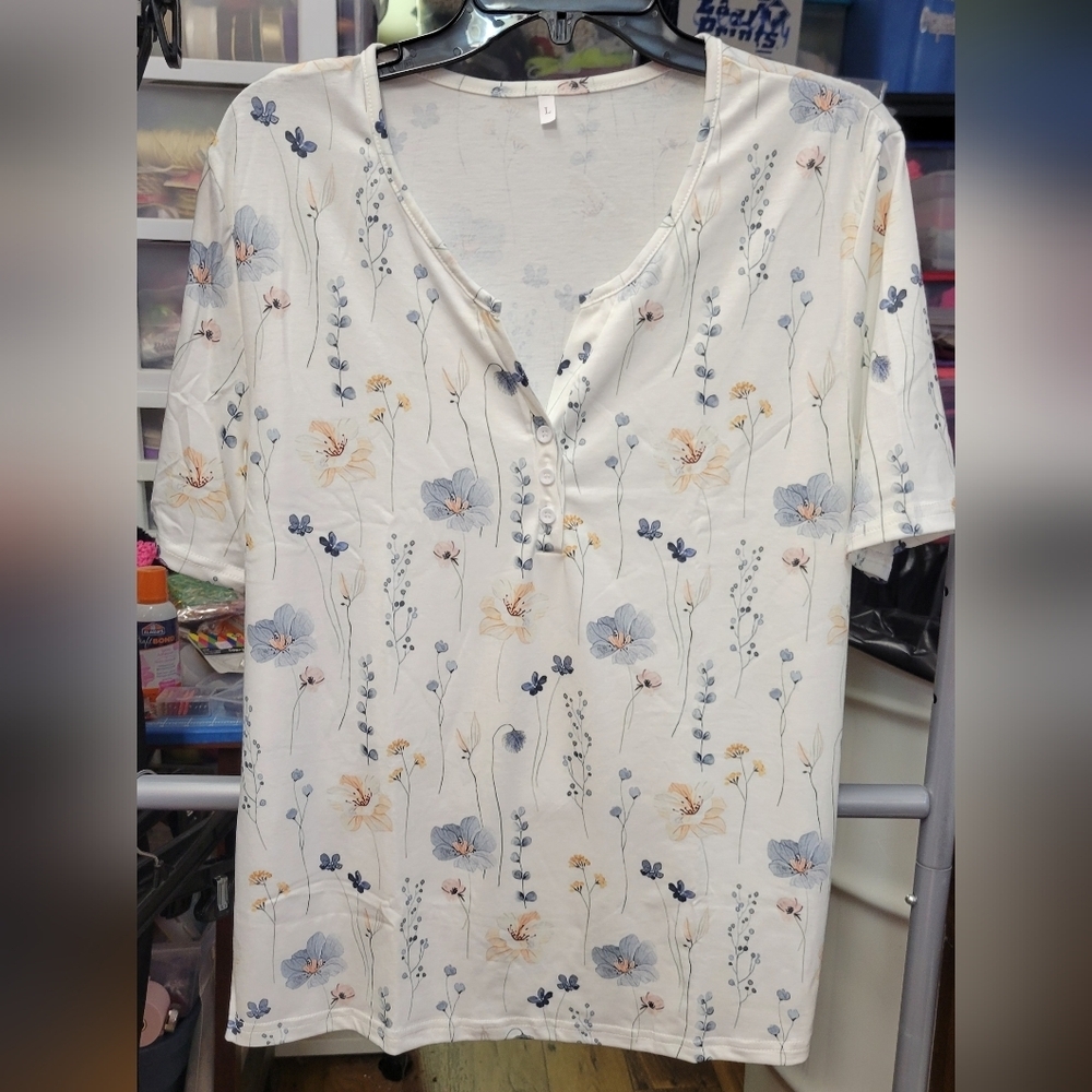 Floral Blue Gold Yellow Large Short Sleeve Top